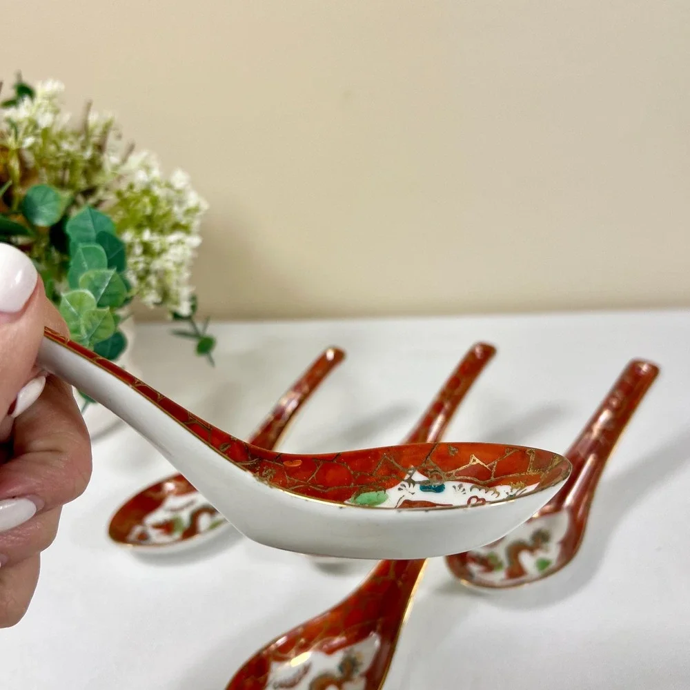 Vintage Japanese Porcelain Dragon Soup Spoons | Set of 5